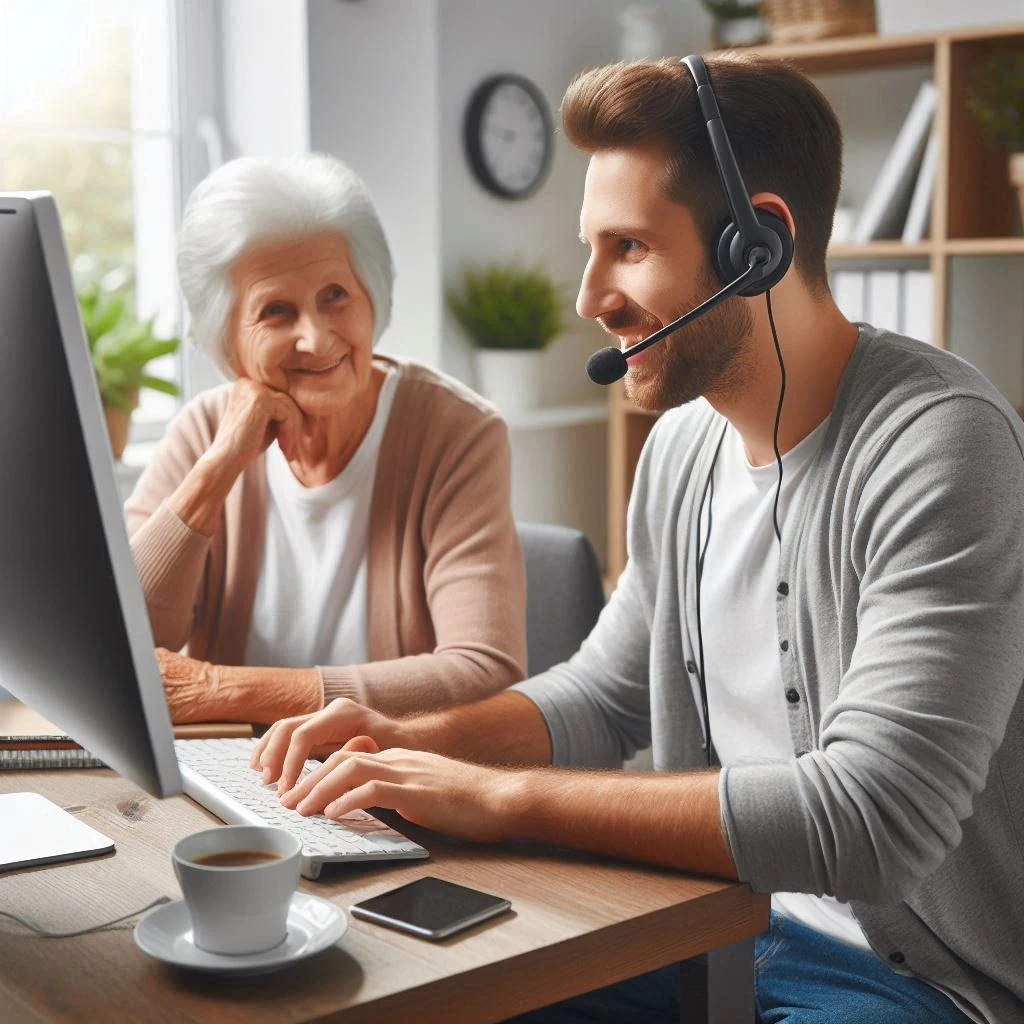 informaticien effectuant une assistance à domicile pour une personne âgée. La clef digitale offre un service à la personne à domicile dans le service informatique dans FRANCONVILLE, le VAL D'OISE, le département 95