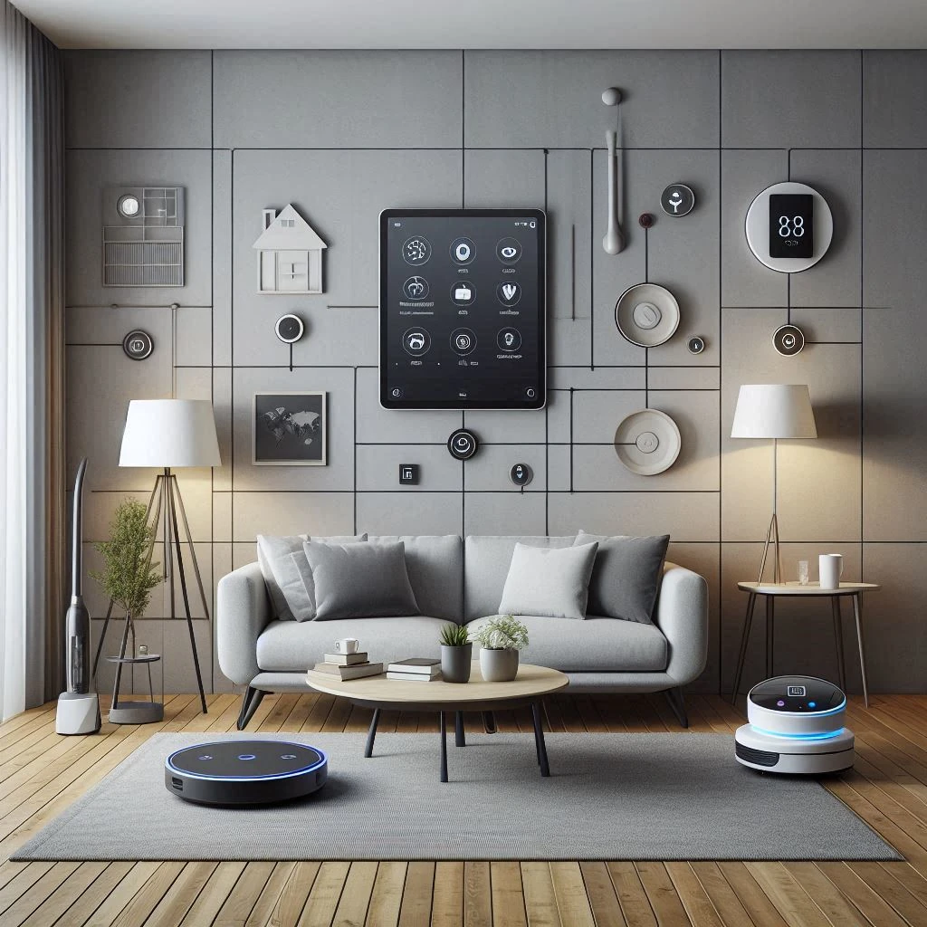 salon montrant les objets connectés possible. On y voit un aspirateur, une tablette de contrôle des différents éléments, lumière connectée, thermostat
