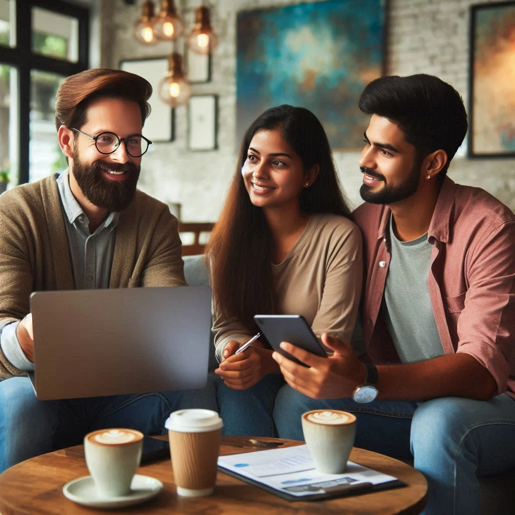 informaticien donnant un conseil depuis un ordinateur. Le conseil d'achat permet de faire gagner du temps et de l'argent à l'utilisateur par des choix personnalisés aux besoins