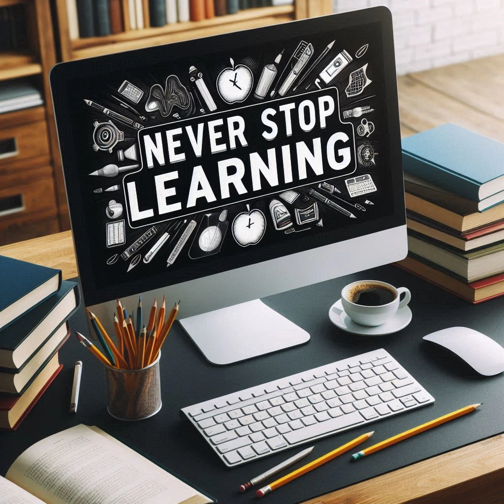 écran d’ordinateur qui affiche never stop learning. L’écran est posé sur un bureau avec des livres, des crayons, un café, un clavier. L'apprentissage est important de nos jours, il faut donc promouvoir le partage des connaissances