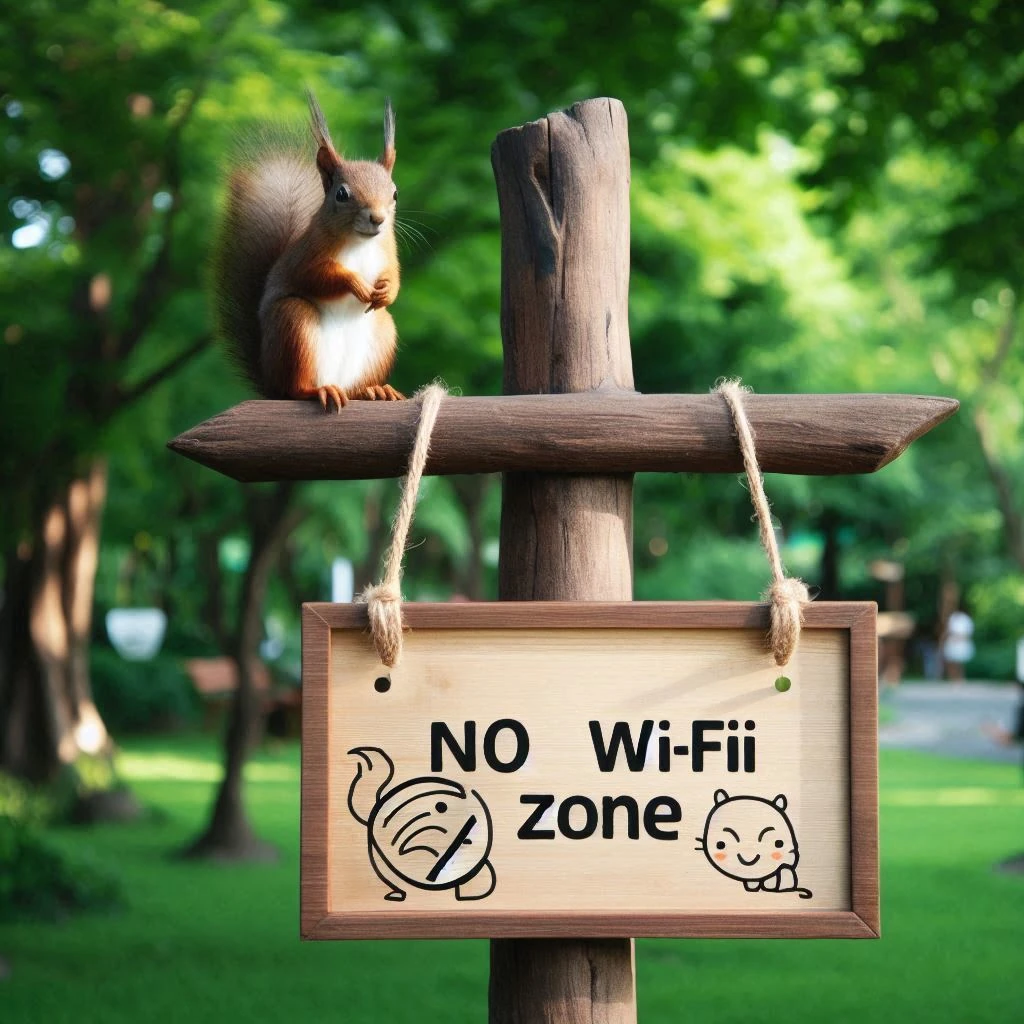 l'image représente un parc avec une pancarte no wifi zone accroché sur une croix en bois. Il y a un écureuil posé sur la croix en bois